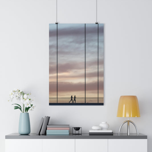 Art Print - Cloudy Sunset Two Girls Running on Bridge
