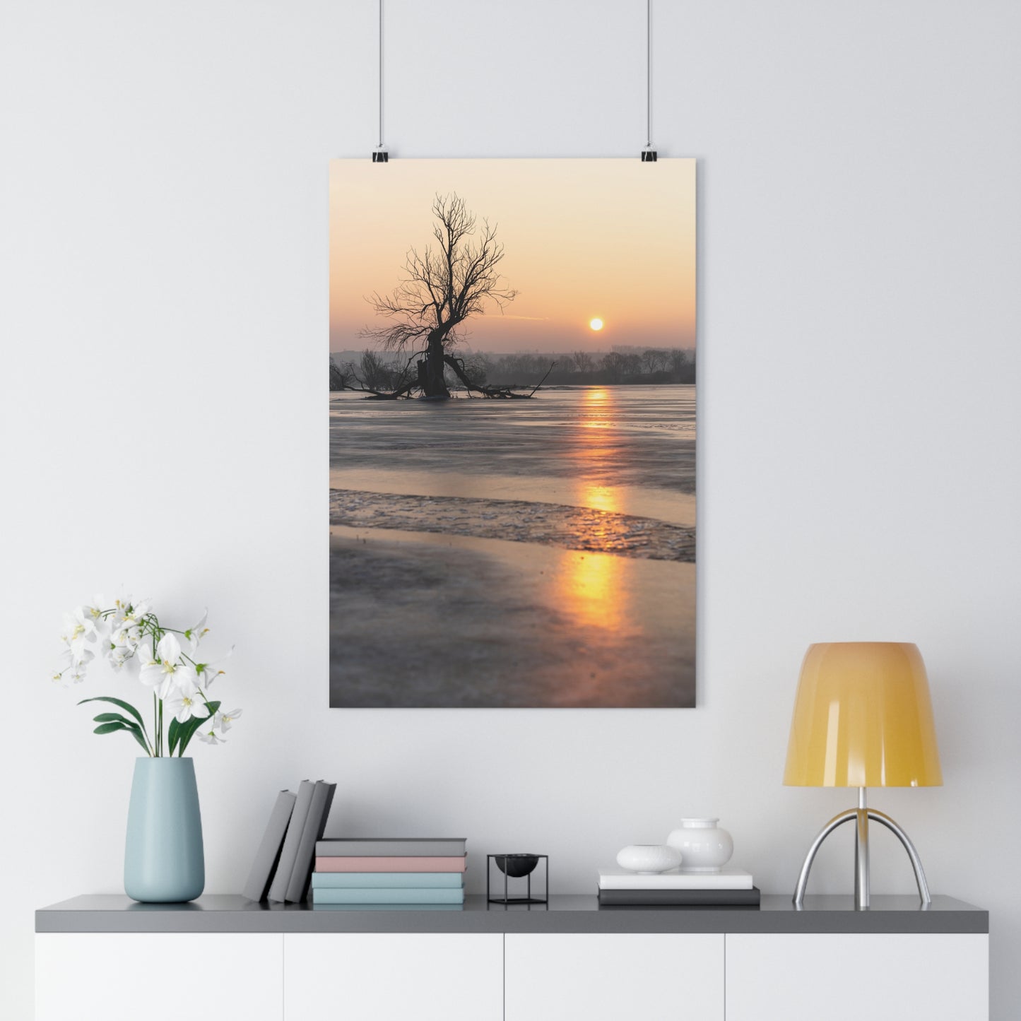 Giclée Art Print, Winter Sunset Tree Art, Last Ent Frozen Field Wall Decor, Nature Landscape Poster, Home Office Decor Print, Large Tree