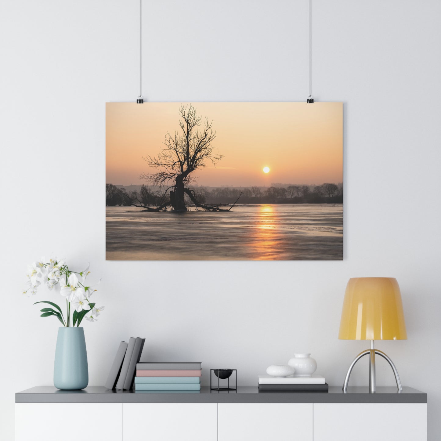 Giclée Art Print, Winter Sunset Tree Art, Last Ent Frozen Field Wall Decor, Nature Landscape Poster, Home Office Decor Print, Large Tree