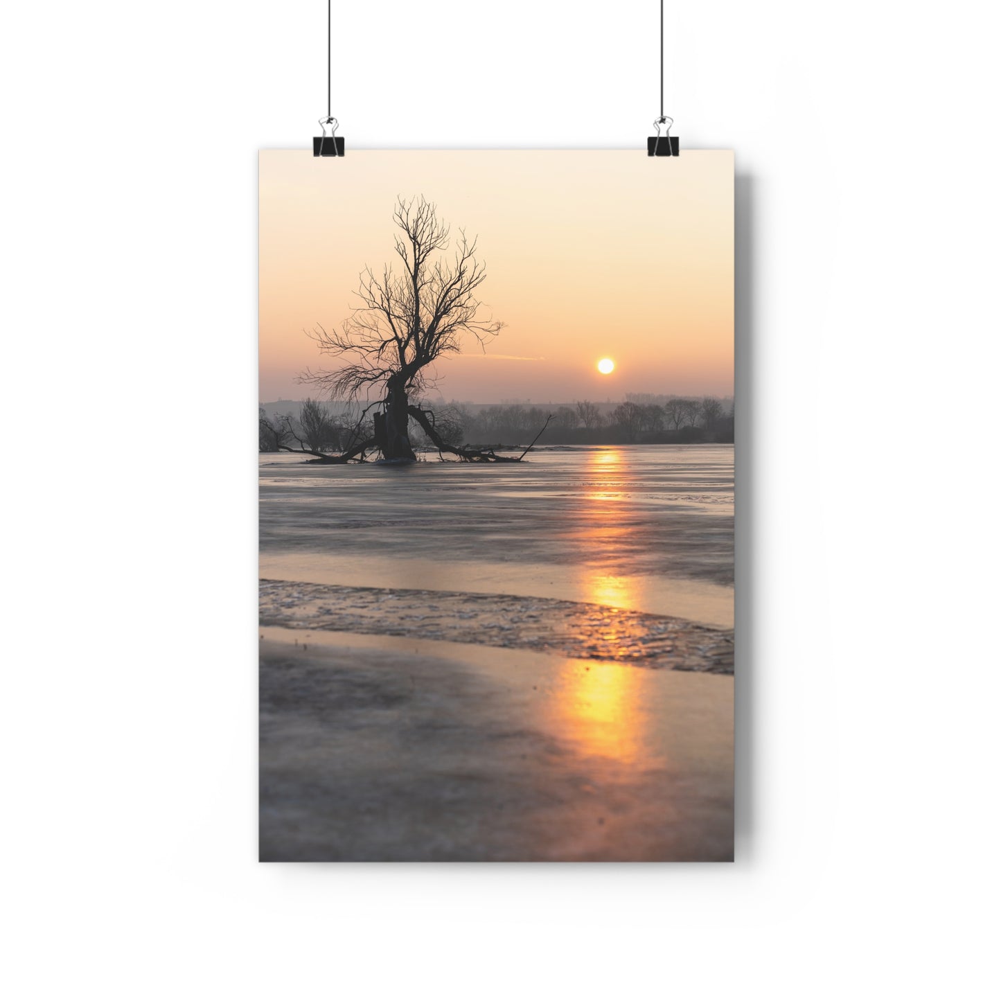 Giclée Art Print, Winter Sunset Tree Art, Last Ent Frozen Field Wall Decor, Nature Landscape Poster, Home Office Decor Print, Large Tree