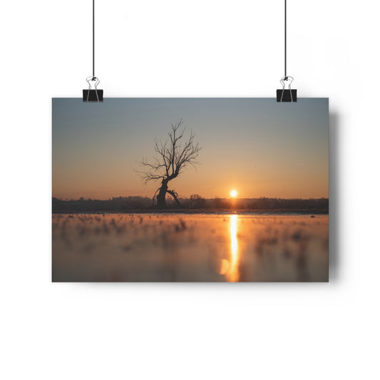 Giclée Art Print, Winter Sunset Tree Art, Last Ent Frozen Field Wall Decor, Nature Landscape Poster, Home Office Decor Print, Large Tree