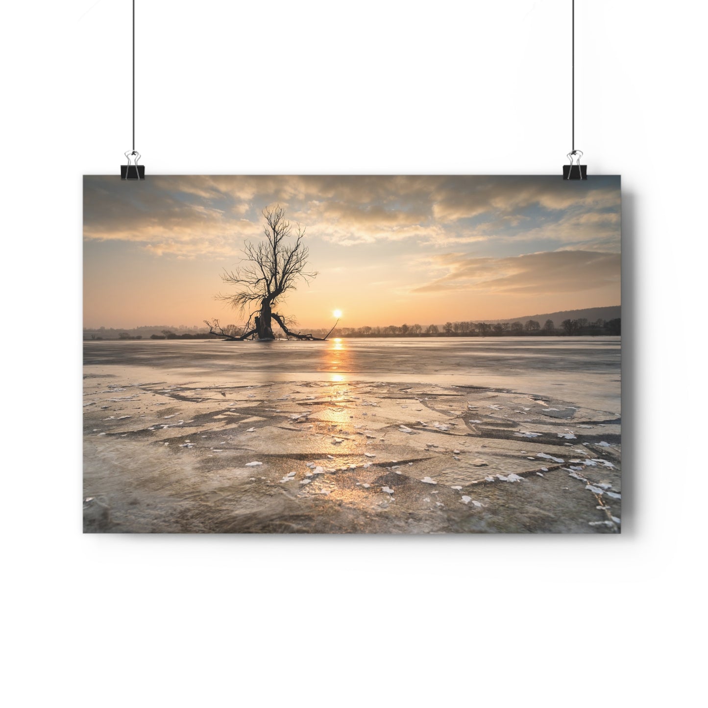 Giclée Art Print, Winter Sunset Tree Art, Last Ent Frozen Field Wall Decor, Nature Landscape Poster, Home Office Decor Print, Large Tree