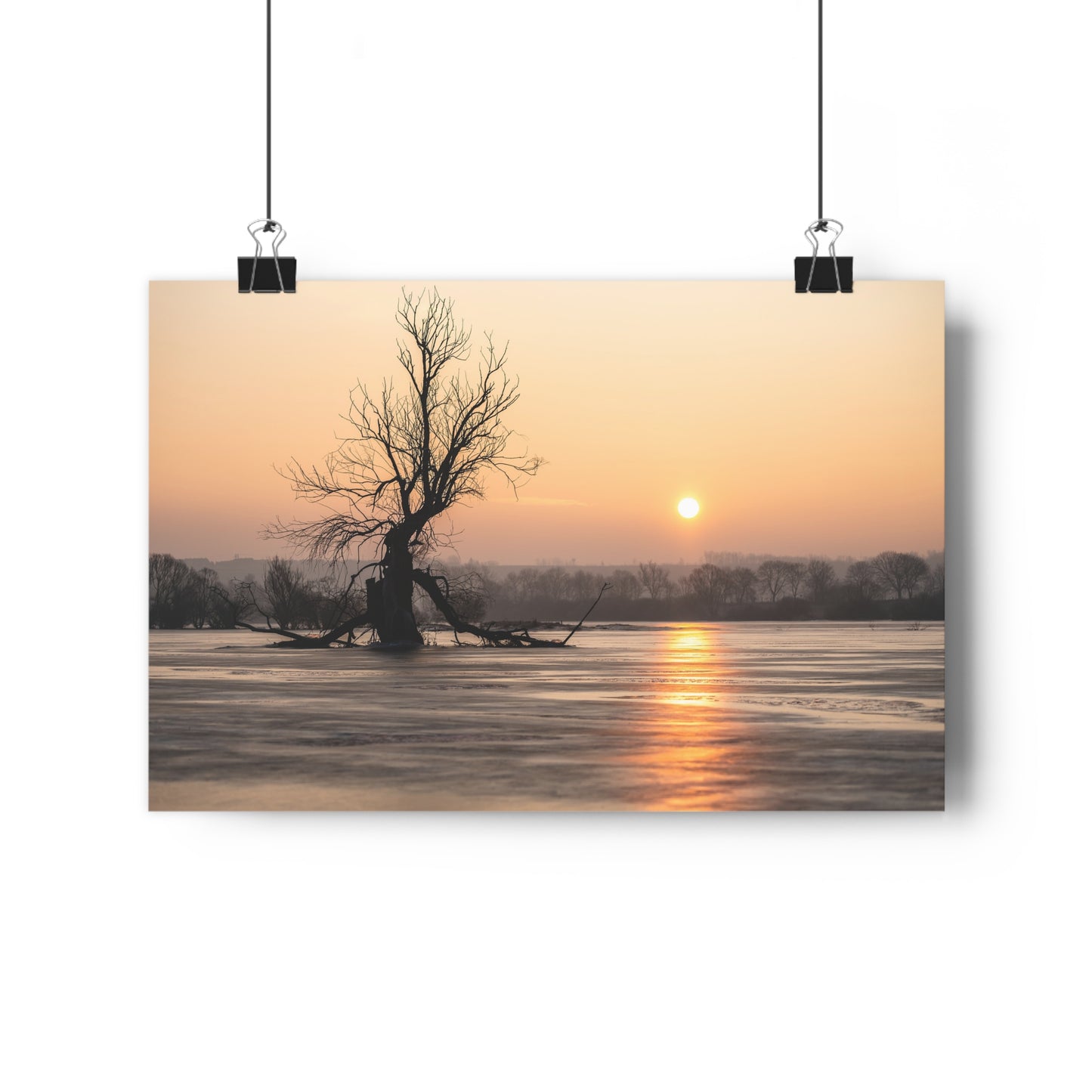 Giclée Art Print, Winter Sunset Tree Art, Last Ent Frozen Field Wall Decor, Nature Landscape Poster, Home Office Decor Print, Large Tree