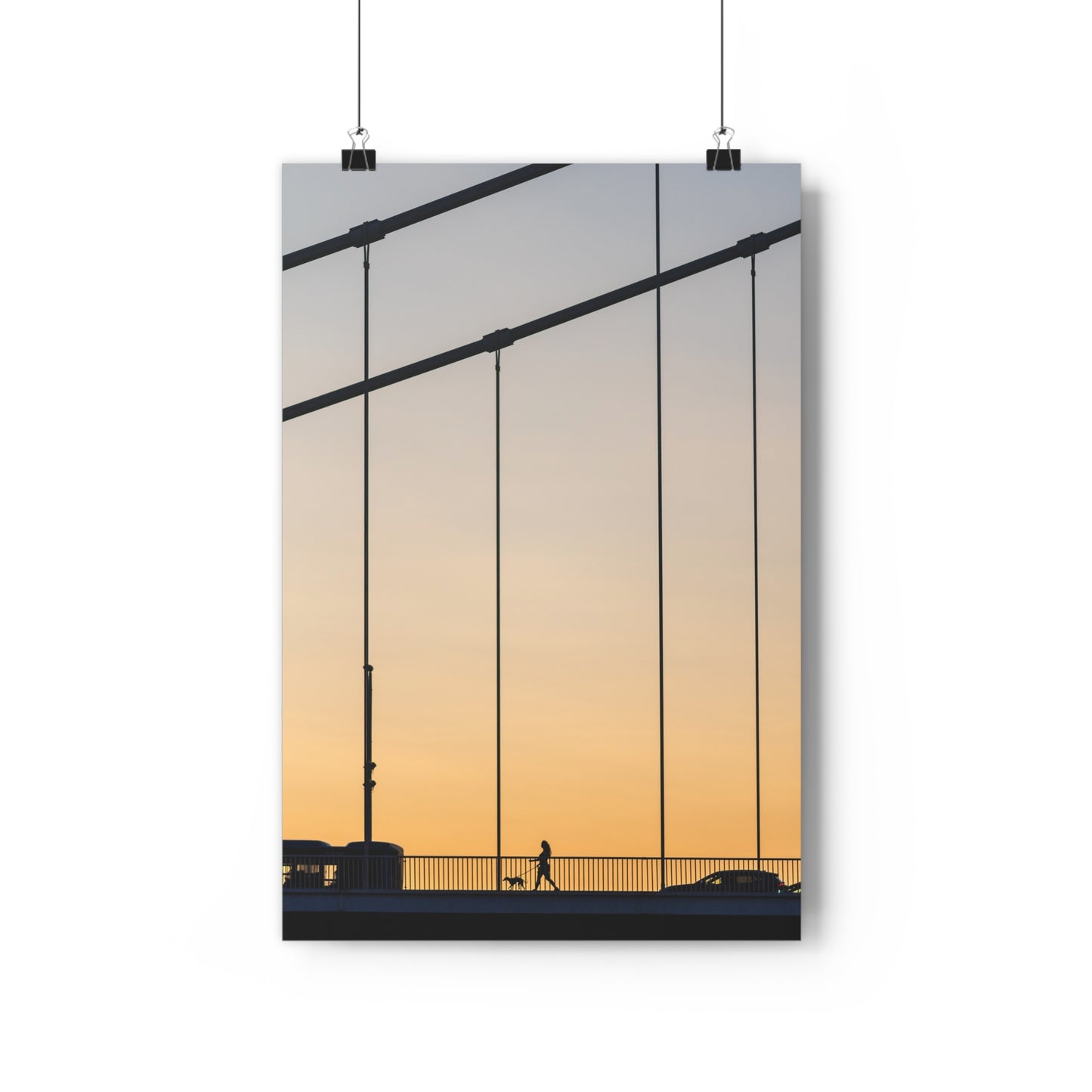 Art Print - Sunset Silhouette Girl Walking Dog on Bridge