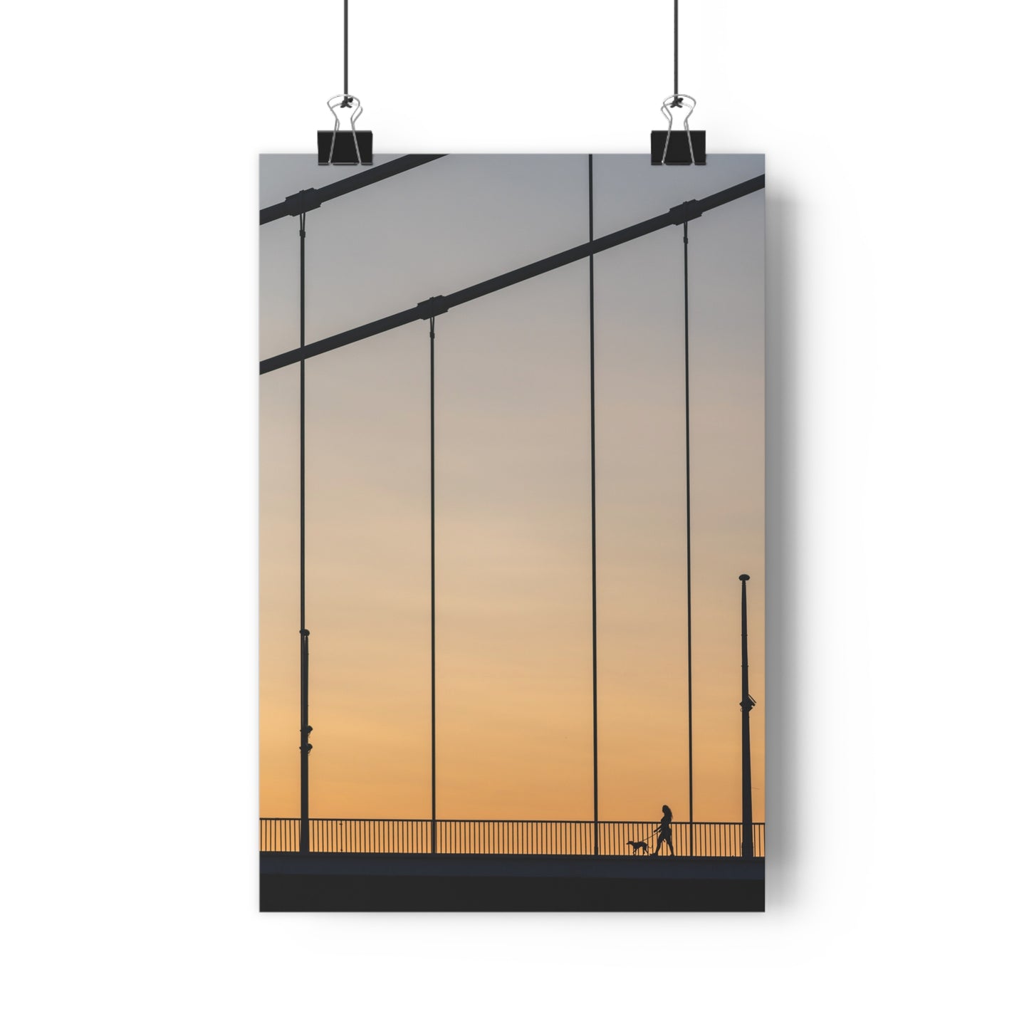 Art Print, Girl Walking Dog on Bridge at Sunset, Wall Decor, Home Decor, Modern Art, Gift for Her, Bedroom Decor, Office Decor