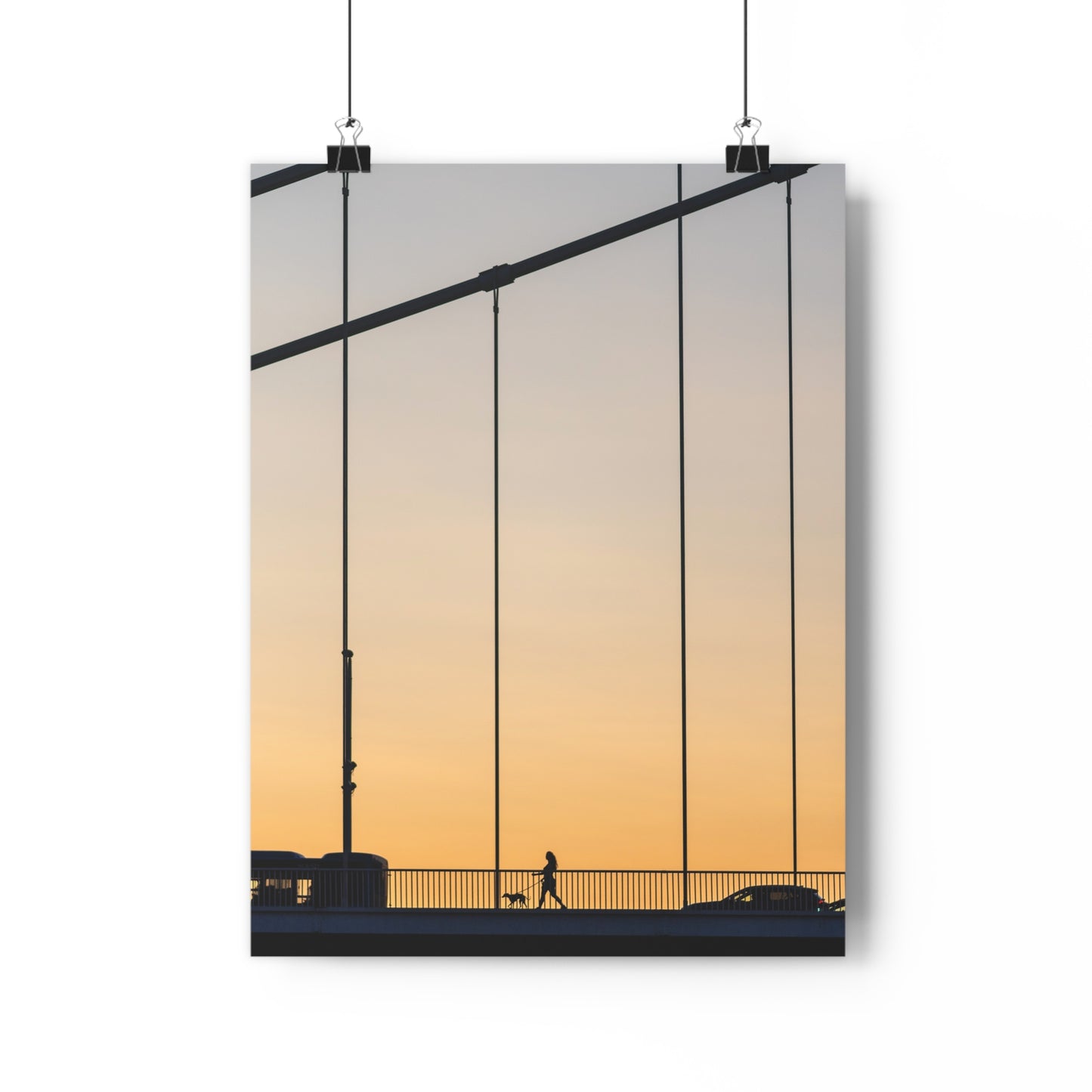 Art Print - Sunset Silhouette Girl Walking Dog on Bridge
