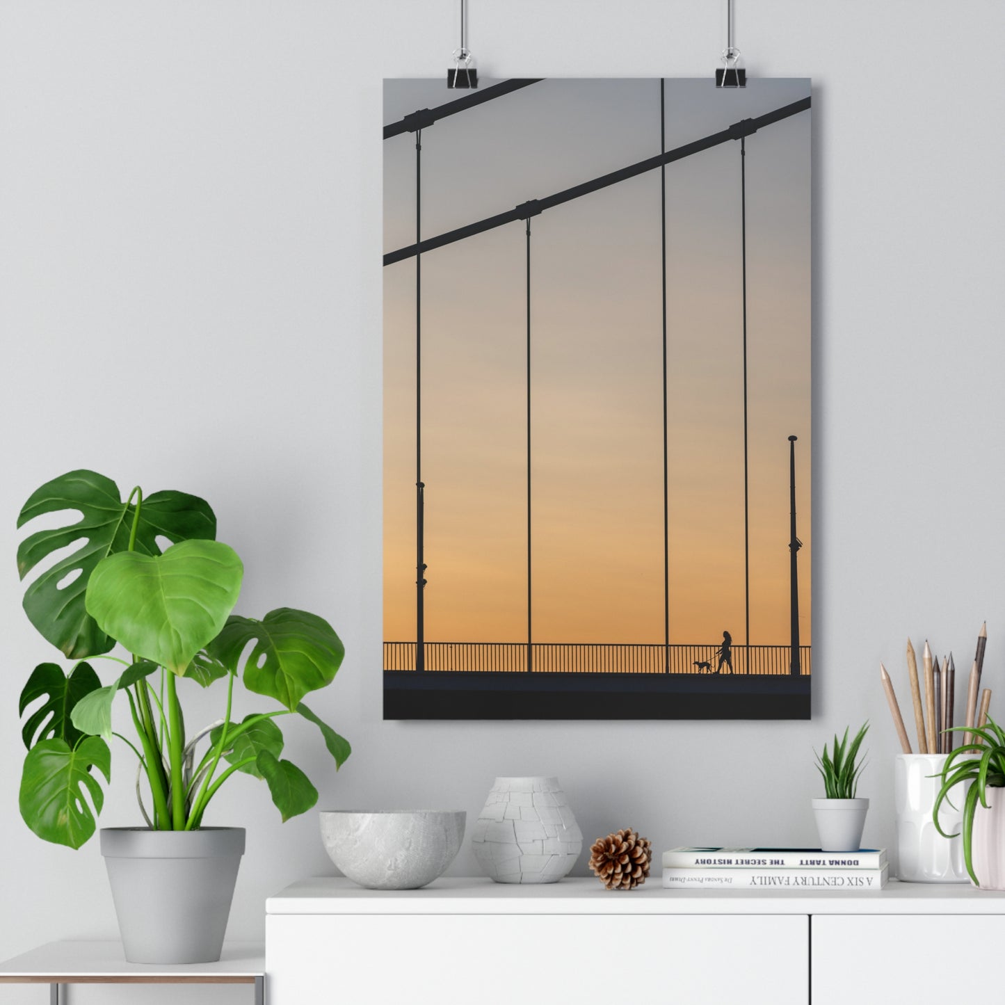 Art Print, Girl Walking Dog on Bridge at Sunset, Wall Decor, Home Decor, Modern Art, Gift for Her, Bedroom Decor, Office Decor
