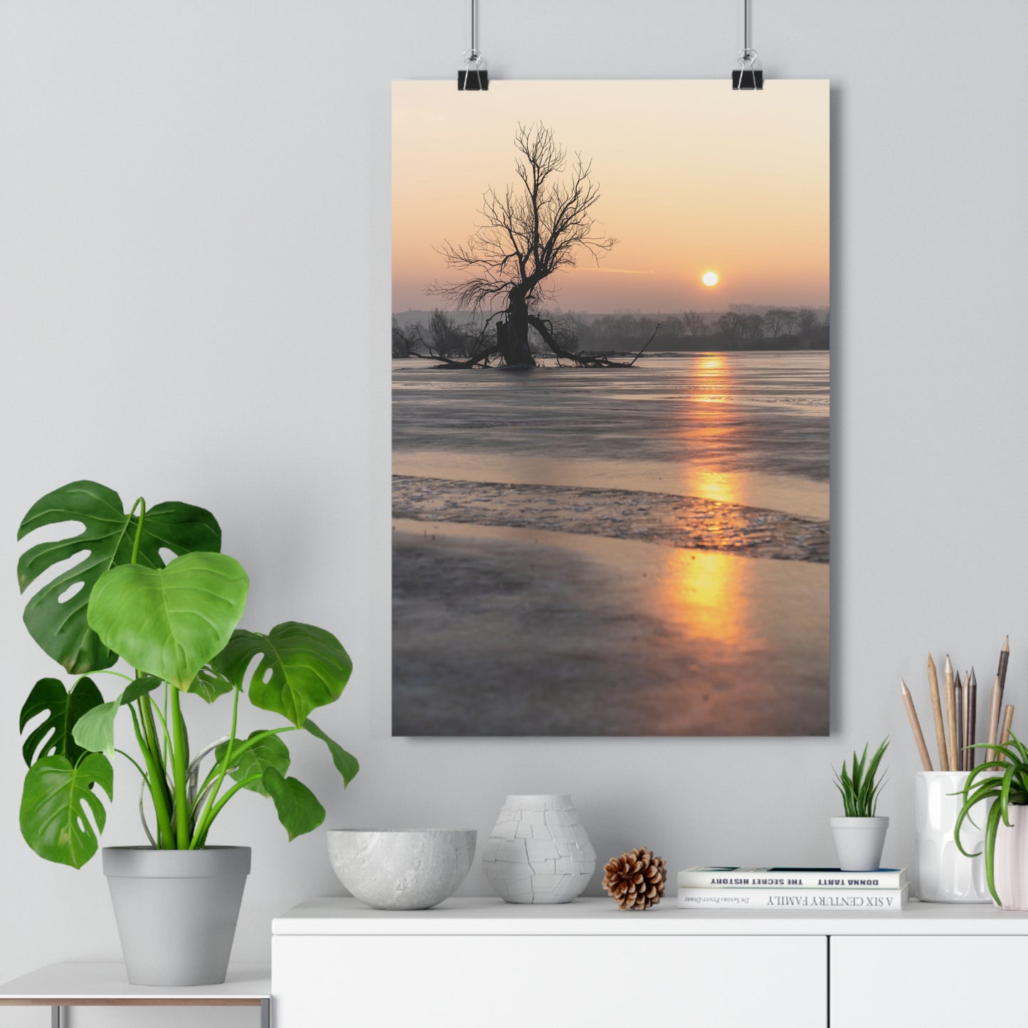 Giclée Art Print, Winter Sunset Tree Art, Last Ent Frozen Field Wall Decor, Nature Landscape Poster, Home Office Decor Print, Large Tree