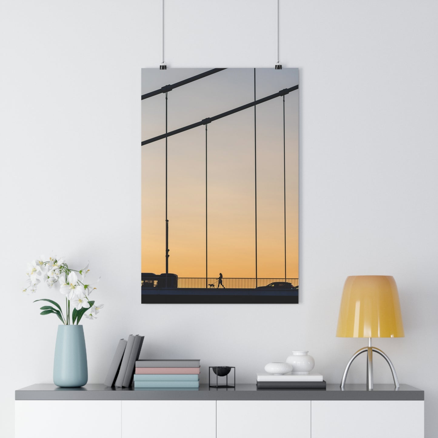 Art Print - Sunset Silhouette Girl Walking Dog on Bridge