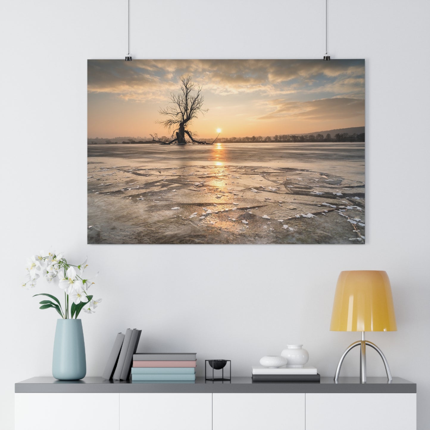 Giclée Art Print, Winter Sunset Tree Art, Last Ent Frozen Field Wall Decor, Nature Landscape Poster, Home Office Decor Print, Large Tree