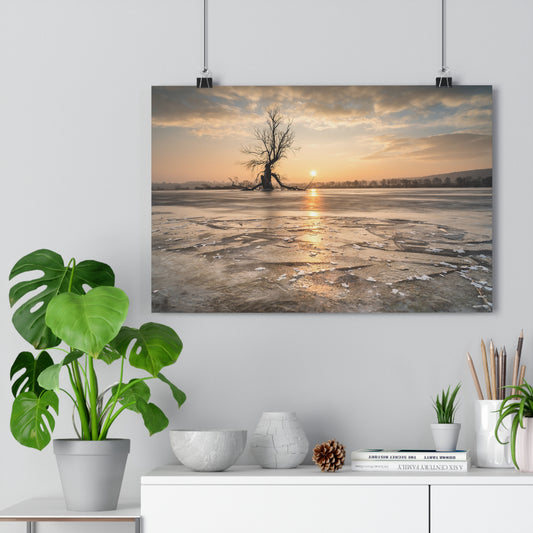 Giclée Art Print, Winter Sunset Tree Art, Last Ent Frozen Field Wall Decor, Nature Landscape Poster, Home Office Decor Print, Large Tree