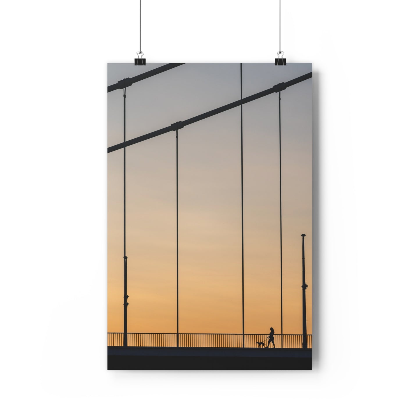 Art Print, Girl Walking Dog on Bridge at Sunset, Wall Decor, Home Decor, Modern Art, Gift for Her, Bedroom Decor, Office Decor