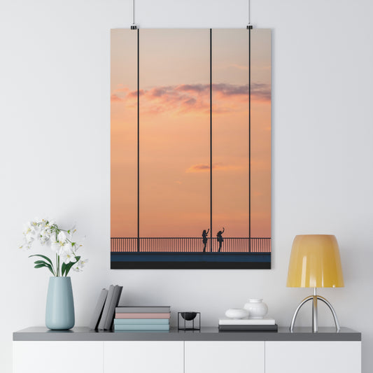 Art Print, Girls Waving on Bridge, Minimalist Photo, Warm Summer Colors, Home Decor, Wall Art, Room Decor, Gift for Her, Giclée Print