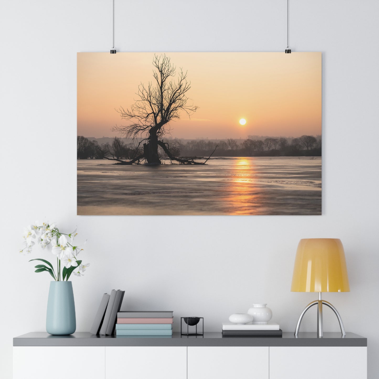 Giclée Art Print, Winter Sunset Tree Art, Last Ent Frozen Field Wall Decor, Nature Landscape Poster, Home Office Decor Print, Large Tree