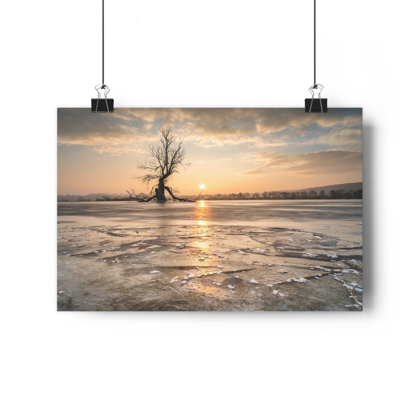 Giclée Art Print, Winter Sunset Tree Art, Last Ent Frozen Field Wall Decor, Nature Landscape Poster, Home Office Decor Print, Large Tree