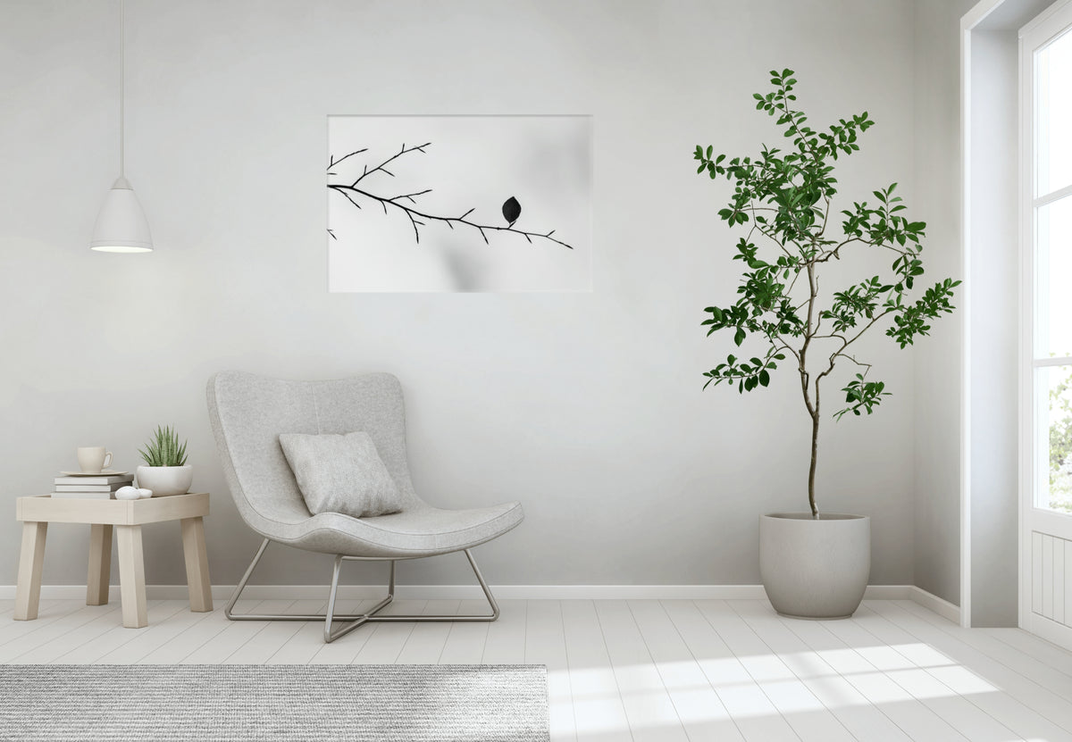 A minimalist living room scene featuring a light gray upholstered armchair with a matching pillow, a small wooden side table, a potted green tree, and a black-and-white branch art print on the wall.